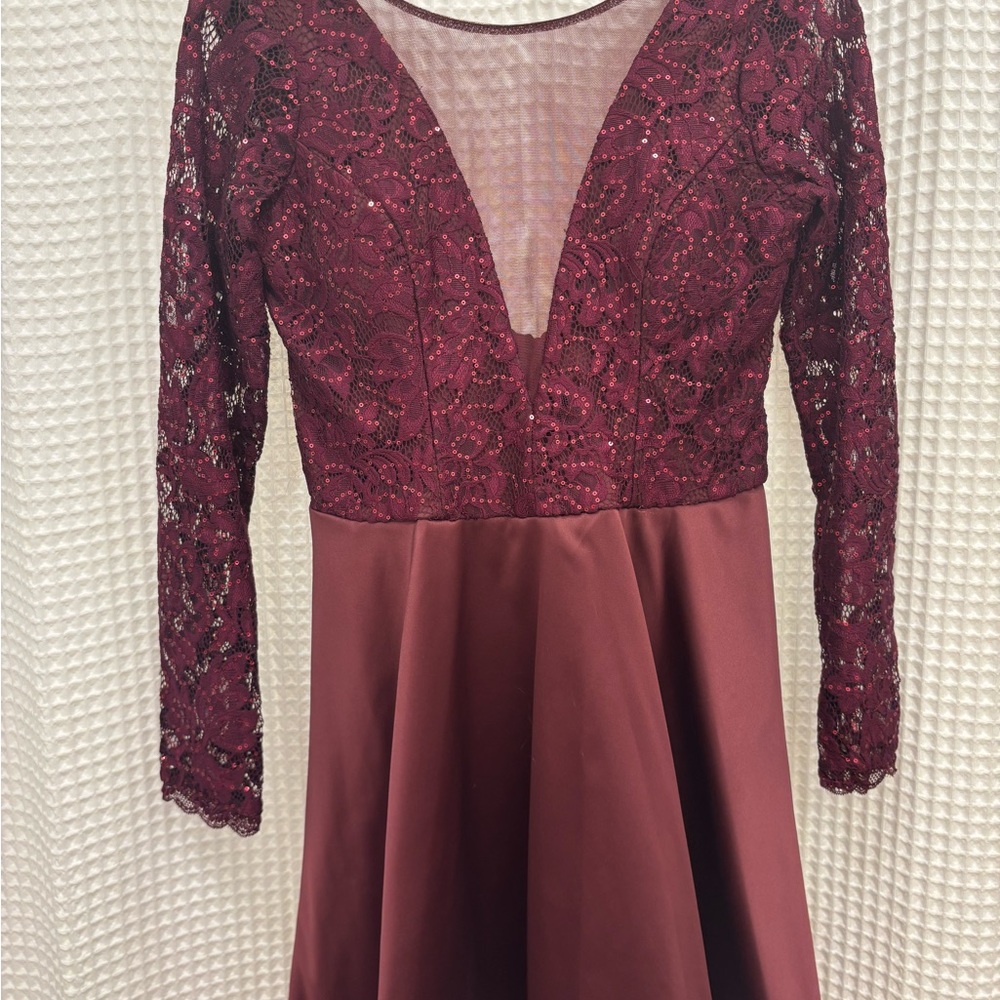 My Michelle Burgundy Lace Long Sleeve Dress